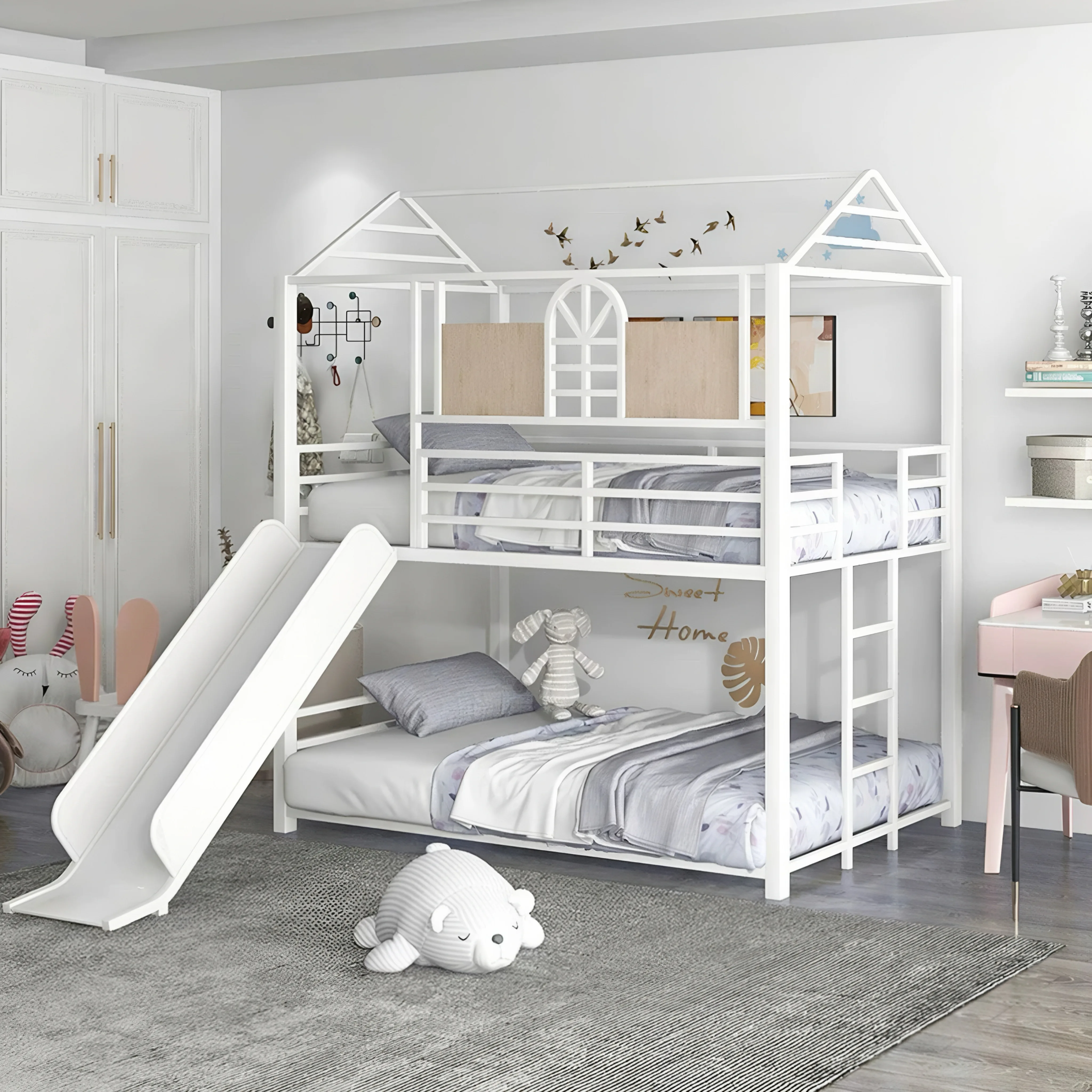 #Environmentally Friendly Formaldehyde-free Two-layer High and Low Bunk Bed with Slide Combination Ladder Cabinet