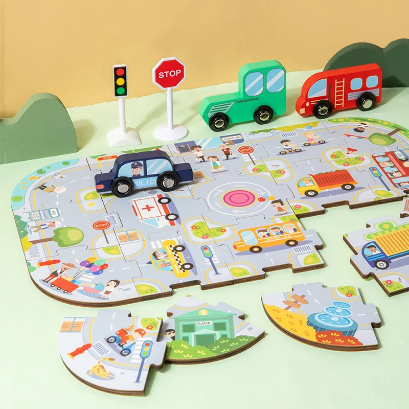 Verkopen Nieuwe Houten Kinderstadsverkeer Driedimensionale Puzzel Auto Puzzel Ouder-Kind Pop Bouwstenen Speelgoed Verjaardag