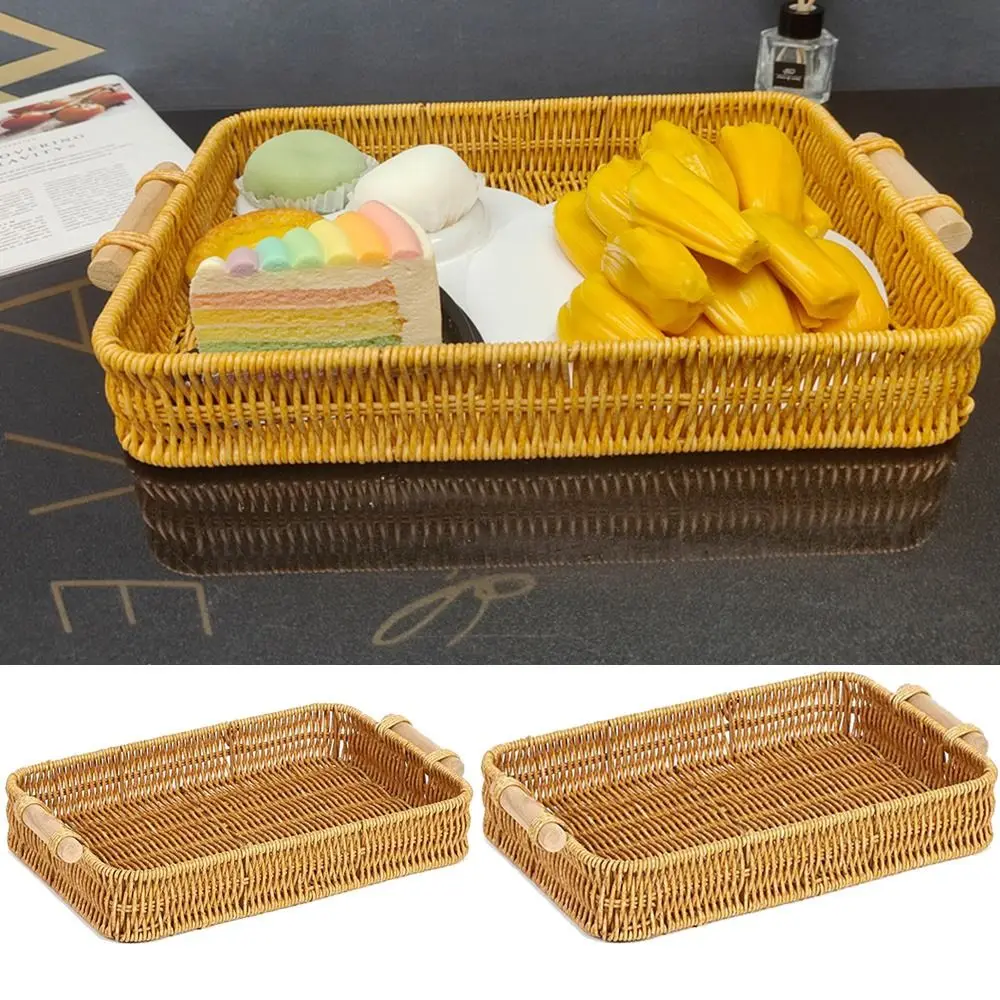 

Simulated Woven Rattan Basket Plastic Rattan Threads Wooden Handle Food Serving Tray Handmade Rectangular Woven Fruit Platter