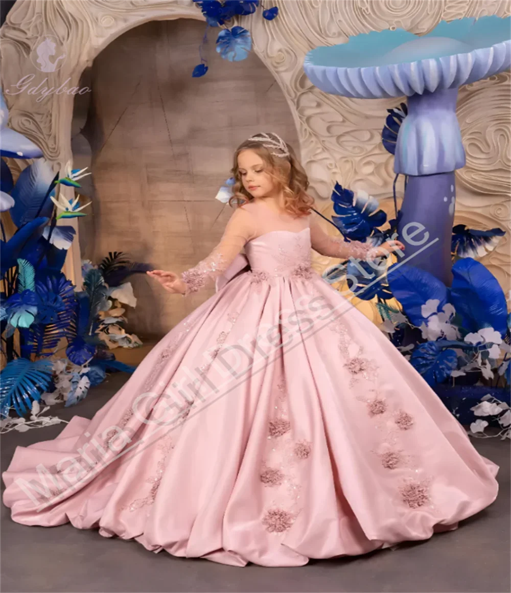 

Роскошное розовое платье с длинными рукавами для девочек с пышным круглым вырезом из атласной ткани на заказ, вечернее платье для дня рождения