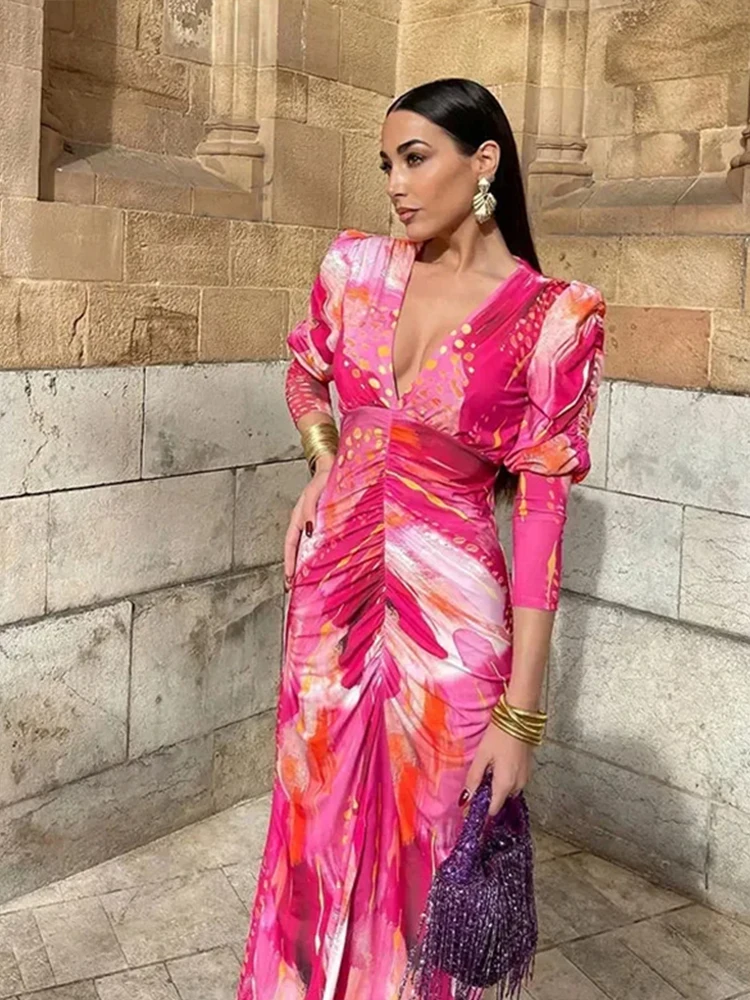 Elegant Printed Women Dress Deep V-neck Long Sleeve High Waist Pleated Female Maxi Dresses 2024 Spring Summer New Chic Lady Robe