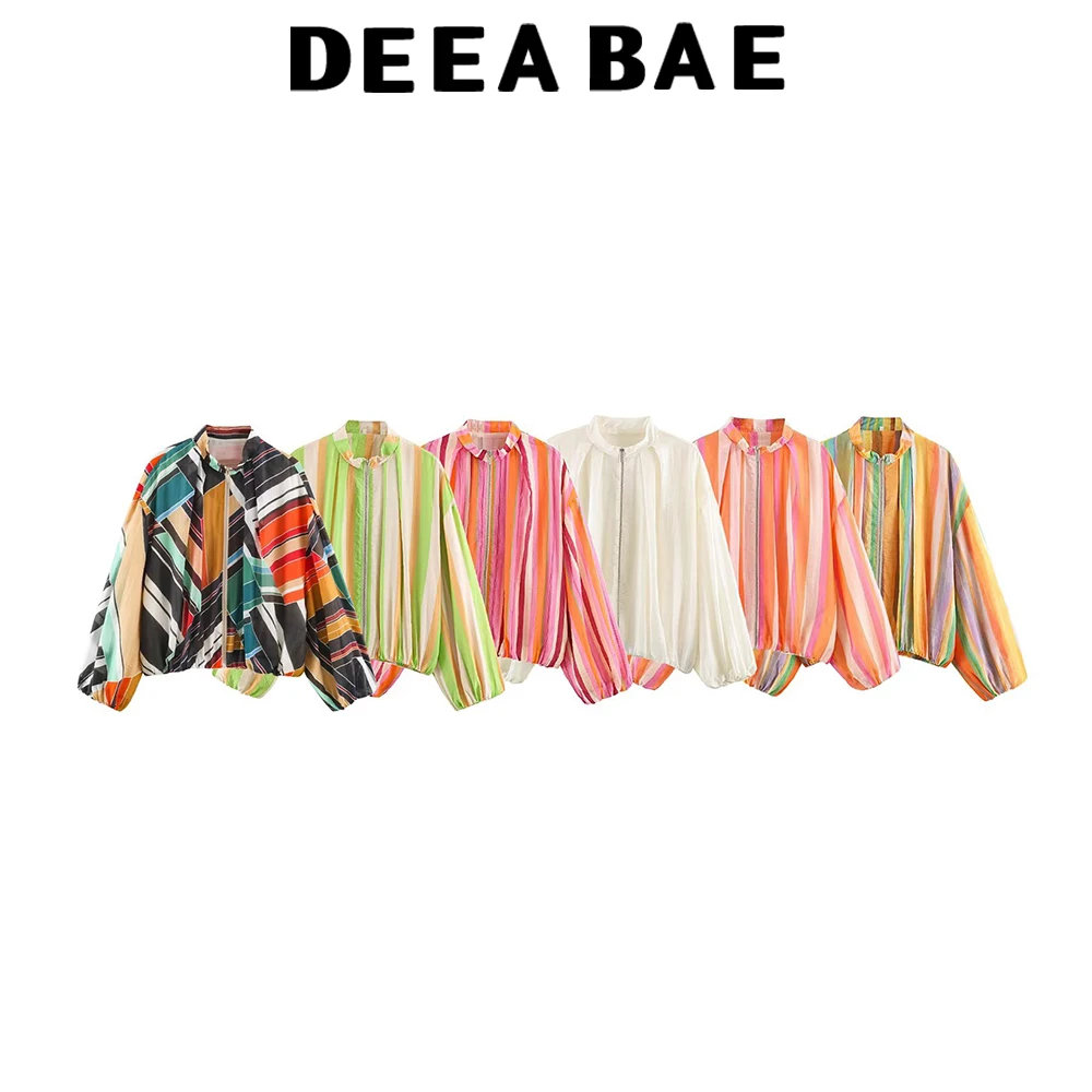 DEEABAE Nuova collezione autunnale di abbigliamento femminile, giacca stile casual francese a maniche lunghe con colletto alto e motivo a righe.