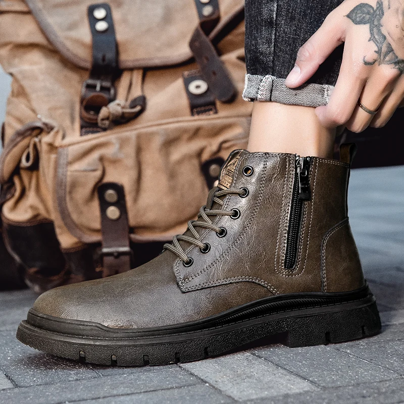 

Fashion British Style High Top Men's Boots High-quality Winter Fleece Warm Outdoor Snow Boots Luxury Brand Leather Casual Boots