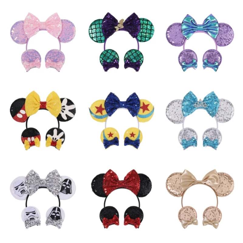 Fashionable and exquisite sequins Mickey ears bow headband cute cartoon Disney hair clip rhinestone crown hair accessory