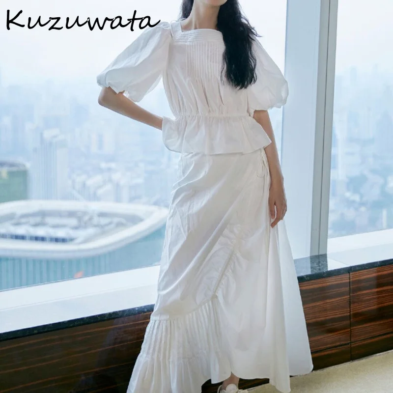 

Square Collar Back Bowknot Bandage Puff Sleeve Slim Waist Blouses Irregular Folds Skirts 2022 Summer New Women Clothes
