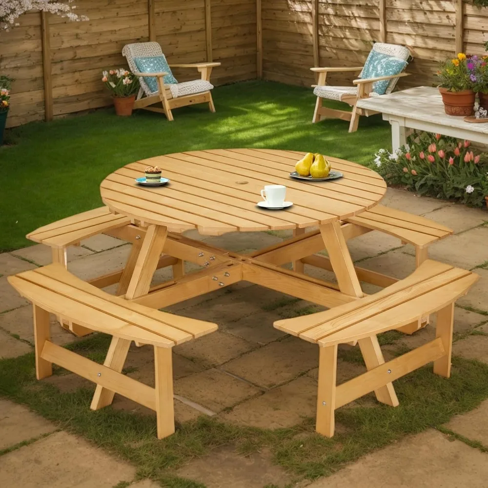 8-местный деревянный стол для пикника, круглый стол для пикника на открытом воздухе с 4 встроенными скамейками, отверстием для зонта, внешним столом и скамейкой для P