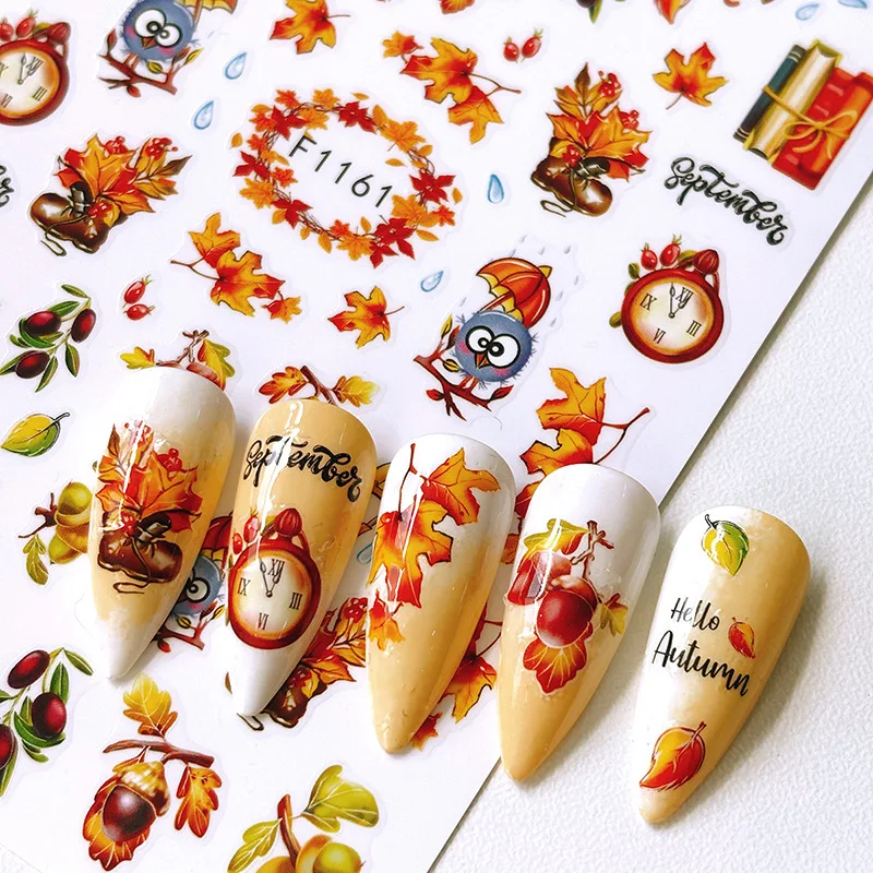1pcs Autumn Maples Leaf Pumpkin Winter Red Flowers 3d Nail Stickers Self-adhesive Nail Decals For Nail Decorations Beauty DIY