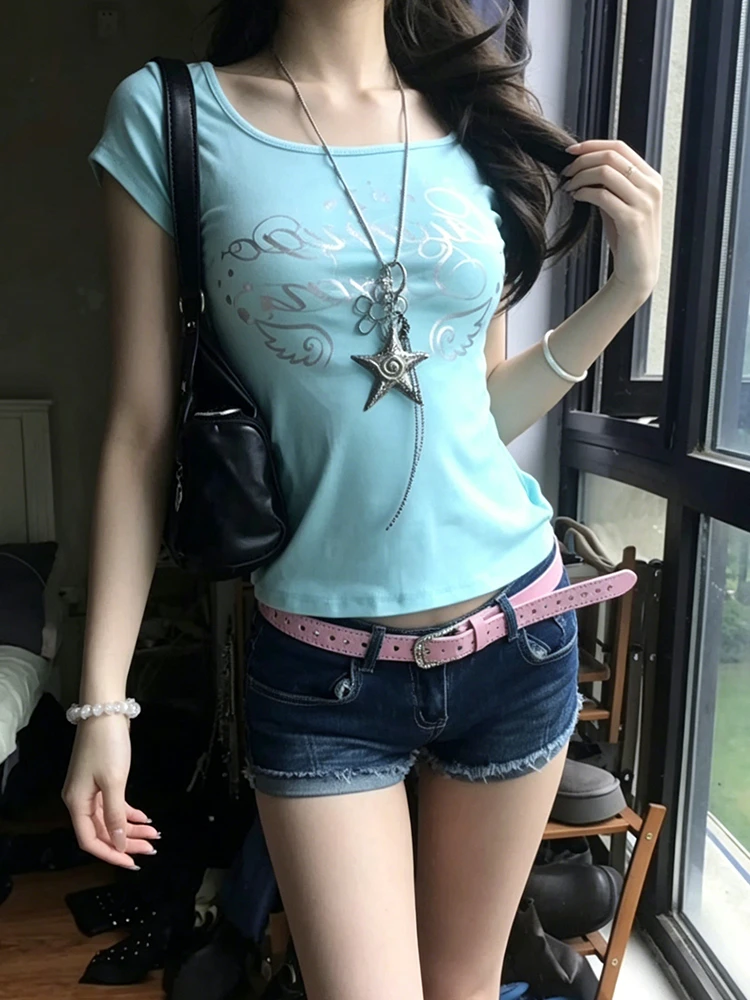 Genayooa Japanisches Y2k-Print-T-Shirt für Damen, kurzärmelig, schmale Crop-Tops, amerikanische Retro-Grafik-Tops, Streetwear, 2000er-Jahre-Fairycore-T-Shirt – Detail 9