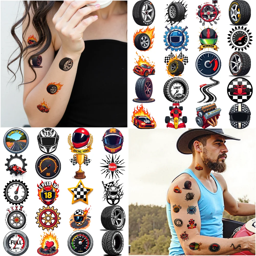 

63pcs Temporary Tattoo Race Car Waterproof Long-lasting Body Stickers Checkered Flag Flames Cartoon Engine For Adults
