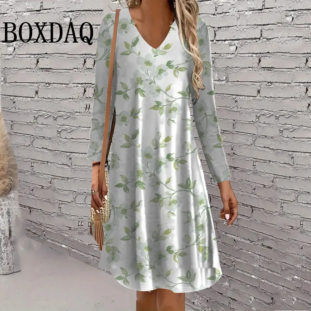 여성 가을 ​​드레스 식물 꽃 프린트 레트로 패션 캐주얼 긴 소매 드레스 스트리트 캐주얼 v 넥 여성 의류 플러스 사이즈