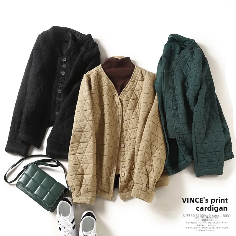 

Women's Retro Diamond Pattern Quilted Baseball Jaet Autumn Winter Thiened Cotton Workwear Coat ort Length V-Ne Pure C...