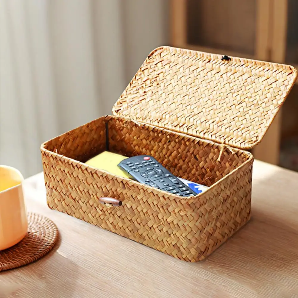 Cestas de almacenamiento de mimbre tejidas con tapa, cestas de almacenamiento de mimbre de estilo natural, cajas de almacenamiento apilables para artículos diversos, 3 uds.