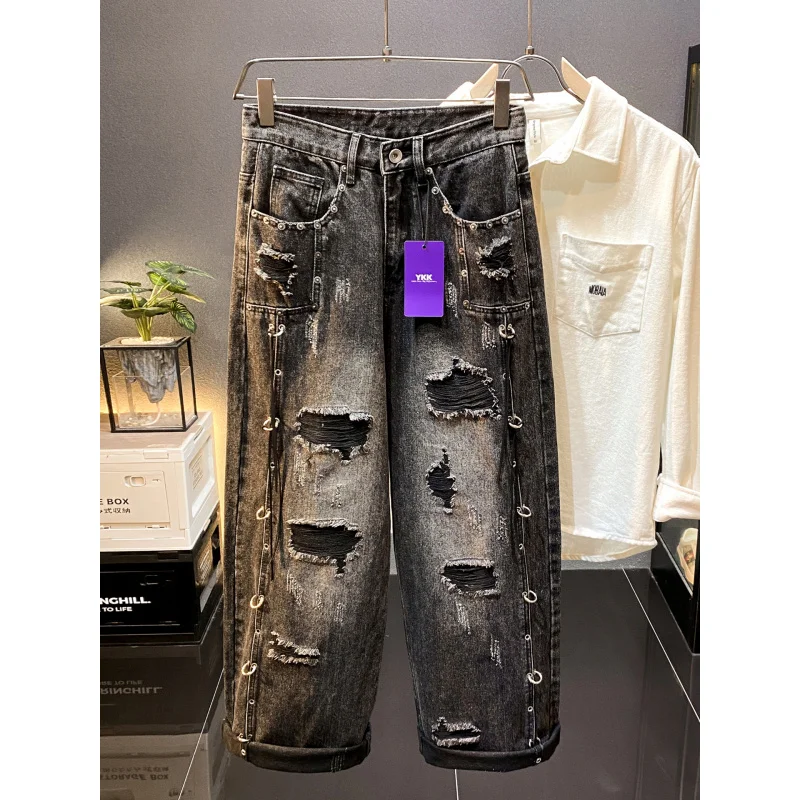 Loose straight leg ripped patch jeans men in autumn and winter 2025 new, stylish and stylish design, long pants