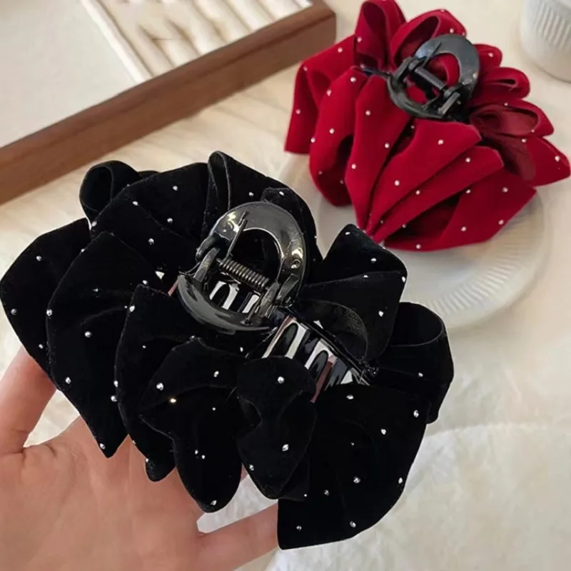 Elegante große einfarbige Samt diamantbesetzte Schleife Haarspangen Frauen Mädchen Haarklammern Haarnadel Kopfschmuck Haarschmuck – Detail 7