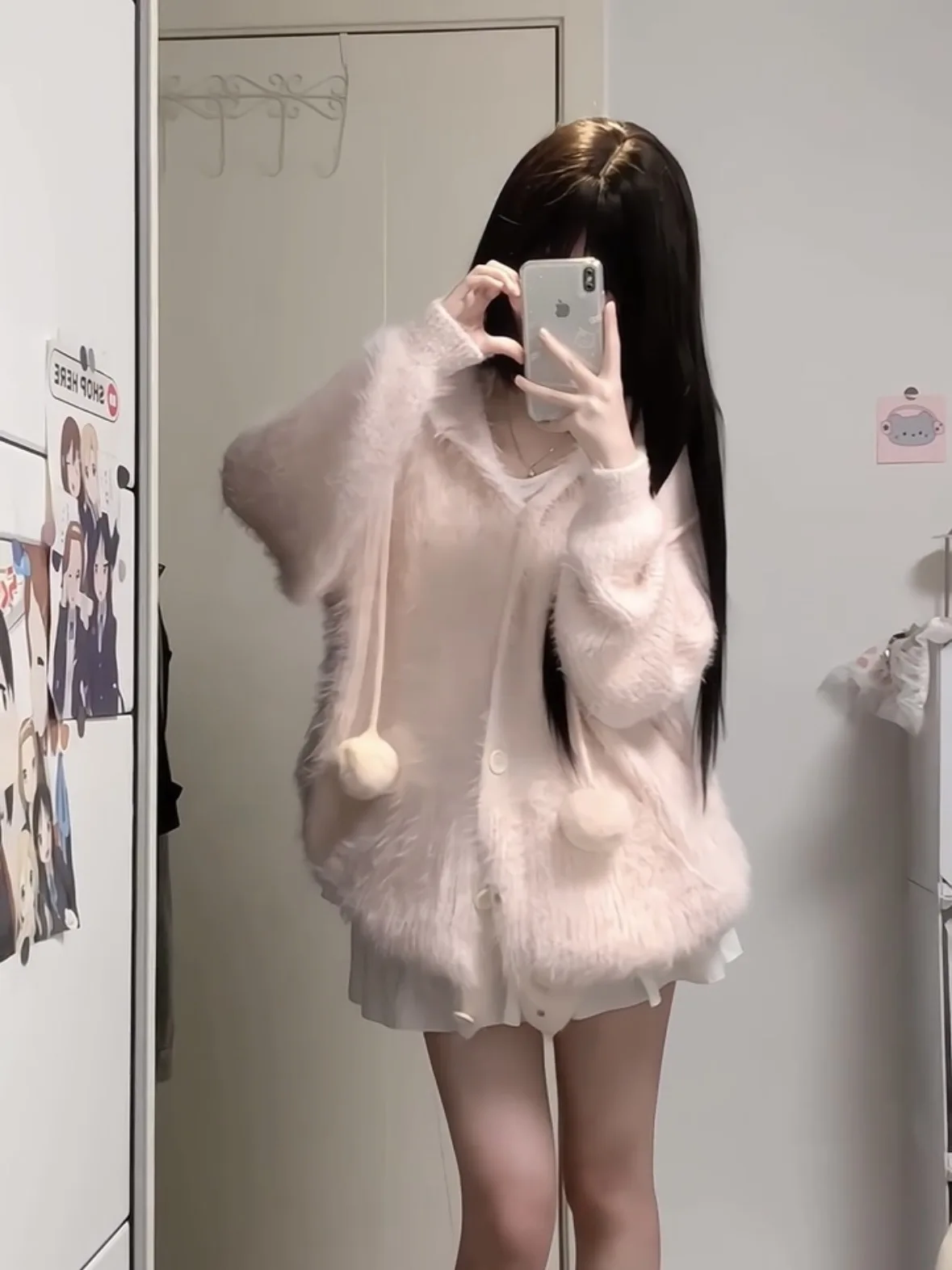 Pink Milk Fufu Super Nice Hood Sweater Outerwear Women Autumn Loose Soft Glutinous Furry Gentle Knit cardigan