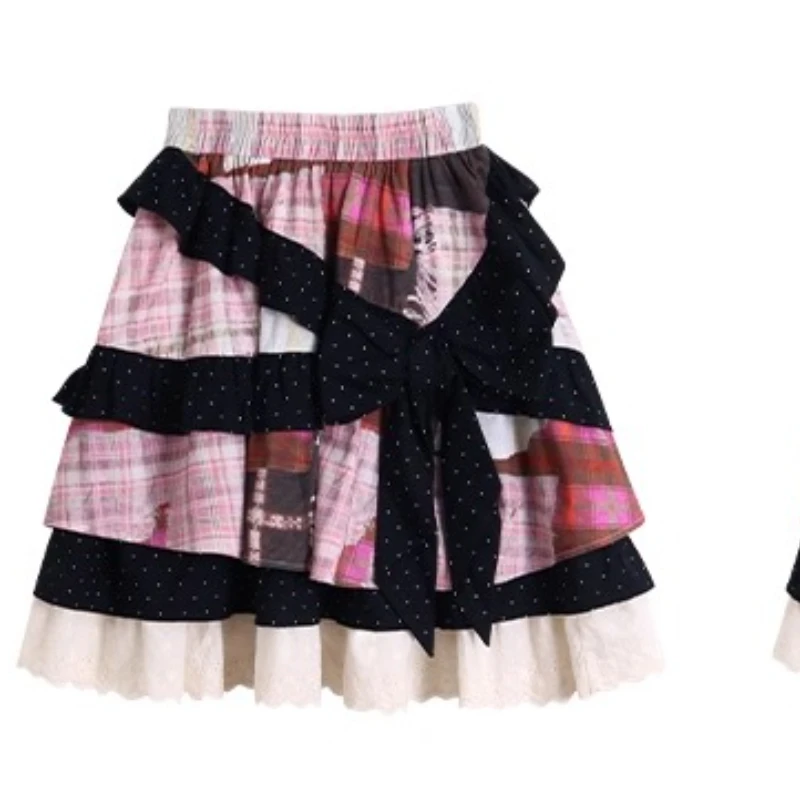 Japanese Original Design Pink Check Black Polka Dot Women's Skirt Summer Sweet Girl Irregular A-line Cake Half Skirts Ladies