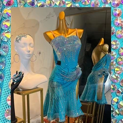 Latin Dance International Competition Clothing Exclusive High-end Custom Colorful Aqua Blue Tango Professional Competition Dress