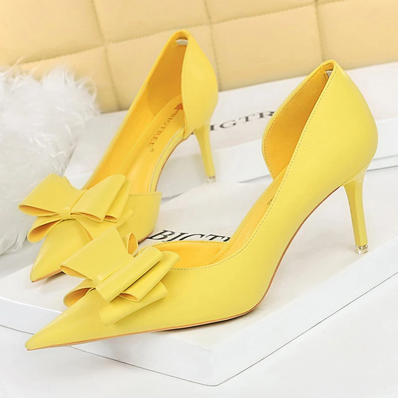 BIGTREE Shoes Pu Leather Kitten Heels Bowknot Stiletto Heels 7.5 Cm Women Pumps Fashion High-heeled Shoes Sexy Wedding Shoes