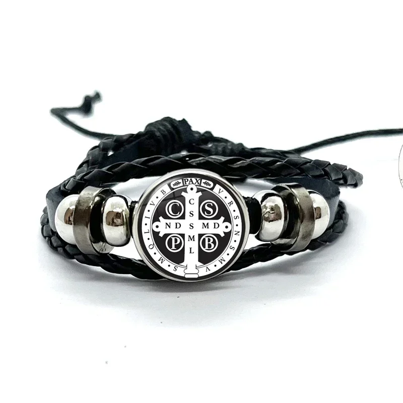 Saint Benedict Medal Leather Bracelet Catholic San Benito Glass Dome Snap Buttons Bangles Men Women Jewelry Accessories