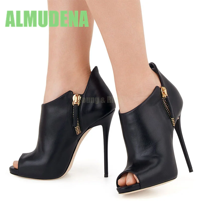 

Black Fish Mouth Ankle Boots Fashion Spring and Autumn Style Side Zipper Design Simple Style Stiletto Heels Short Leg Boots