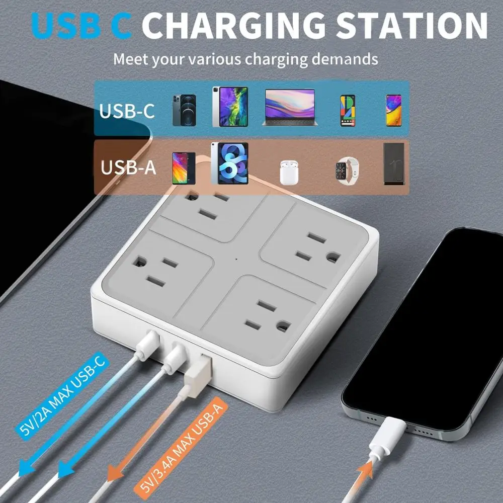 US Plug Power Strip AC Outlets Multitap Electrical Socket Extension Cord With USB C Ports Fast Charging Network Filter Adapter