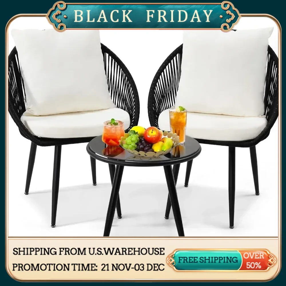 3-Piece Outdoor Chairs, Woven Rope Chairs with Cushions, Terrace and Side Table Suitable for Decks, Balconies and Poolside