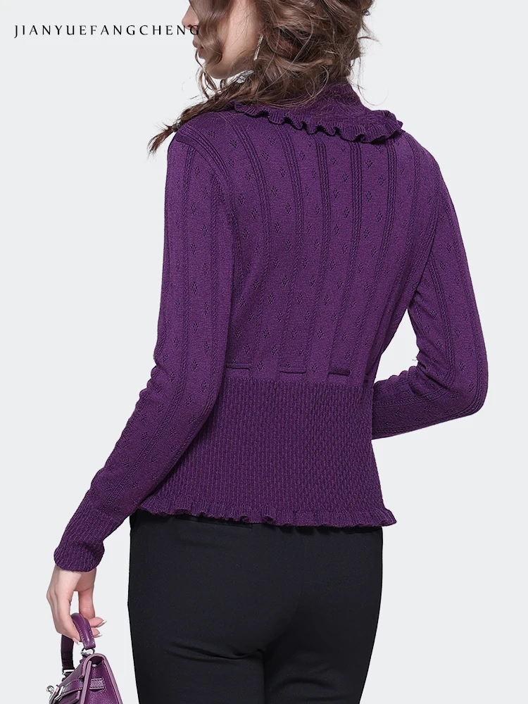 Fashion Women Purple Knitted Sweater Cardigan V-Neck Short Slim Drawstring Wool Tops Casual 2023 Autumn Winter Outwears