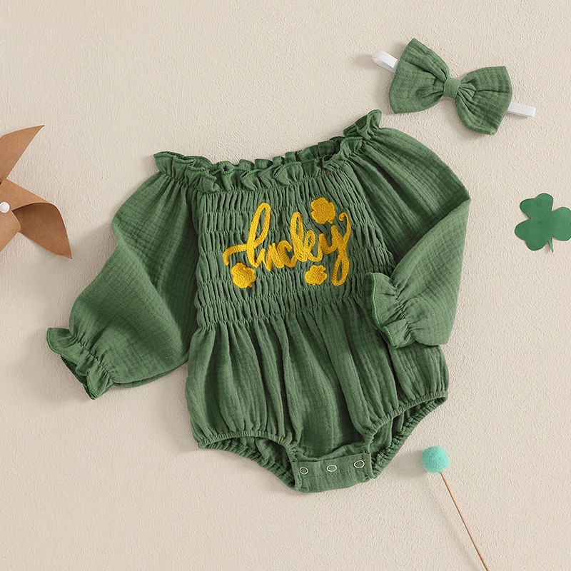 Jumpsuits voor babymeisjes Ierland-outfits Shamrock-logo-appliqué speelpakjes met volledige mouwen en bijpassend haaraccessoire