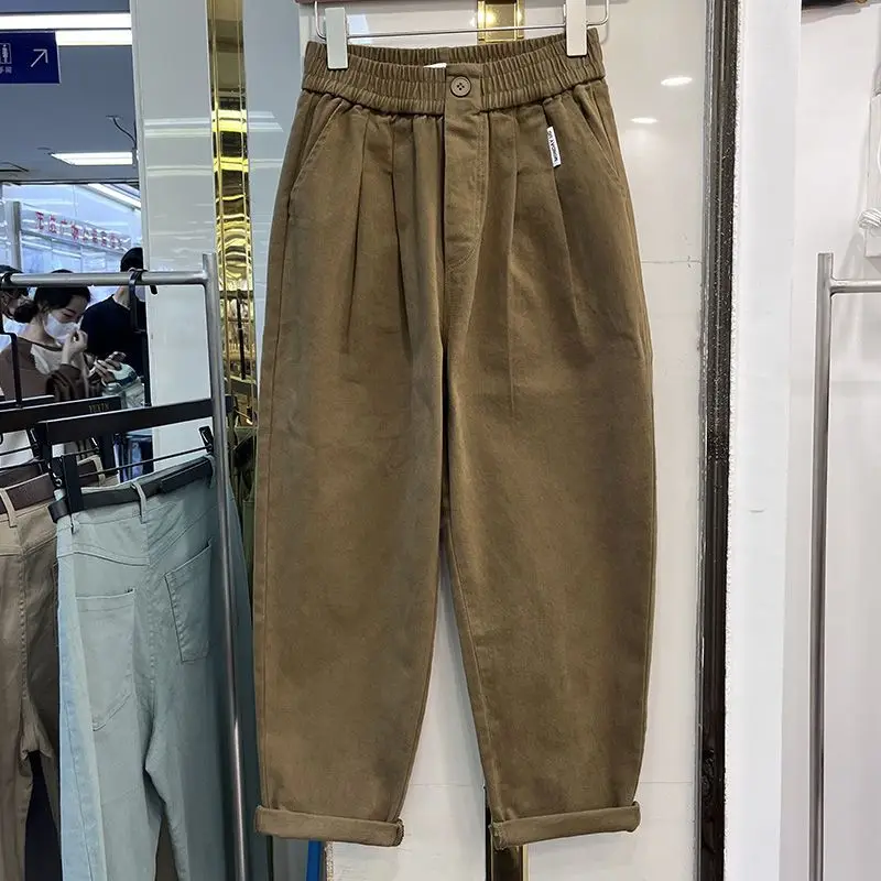 Women's Solid Autumn Winter Button Elastic High Waisted Pocket Casual Loose Workwear Harlan Trousers Office Lady Vintage Pants