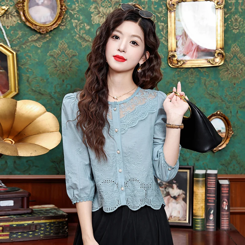 

Vintage Women's Shirt Solid Casual Chiffon Shirt Fashion Loose Spring/Summer Korean Clothing Short Sleeve Lace Women Top