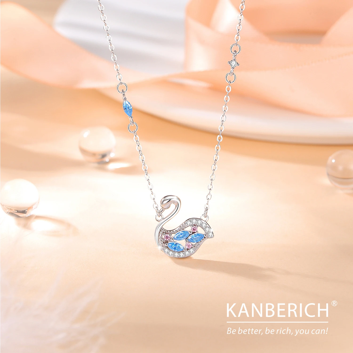 Kanberich S925 Real Sterling Silver Cubic Zirconia Seashell Elegant Swan Pendant Necklace Clavicle Chain