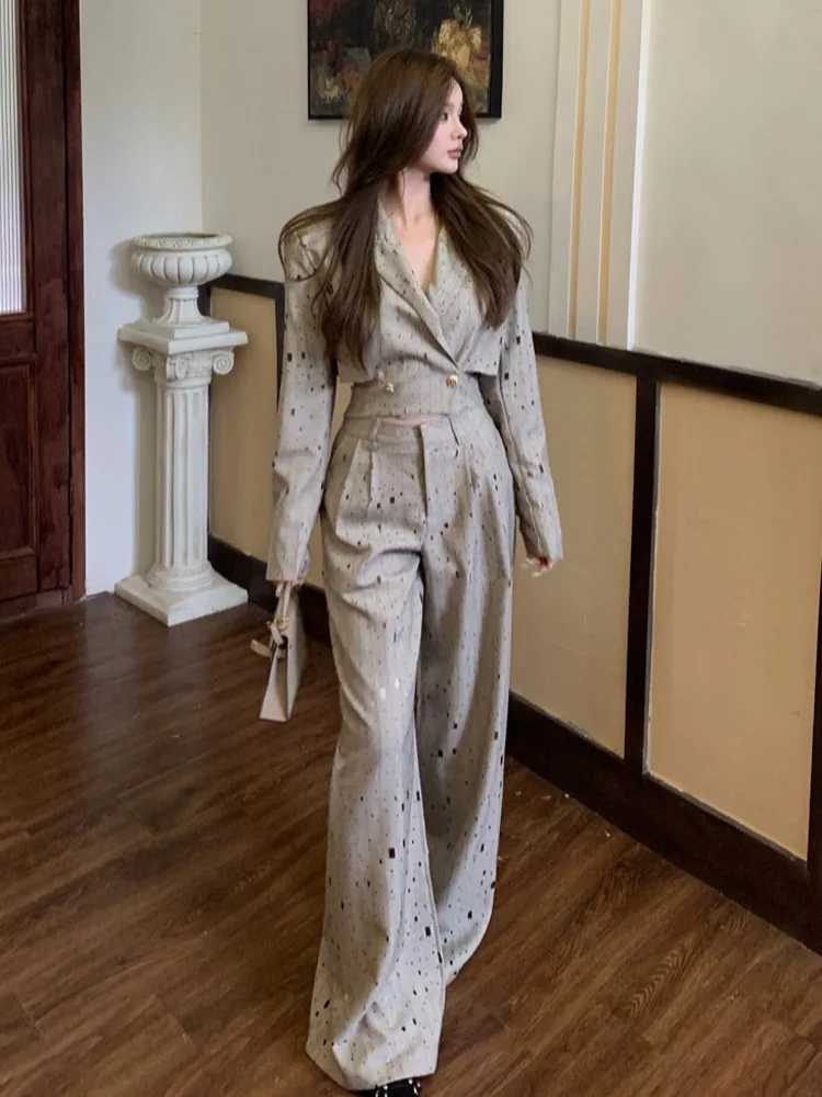 High Quality Korean Casual 2 Piece Pant Sets Women Outfit Elegant Fashion Short Blazer Coat + High Waist Wide Leg Pants Suits