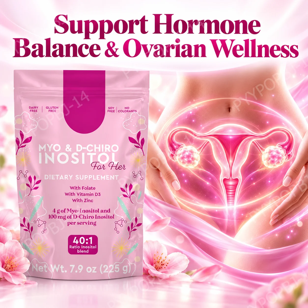 Myo & D-Chiro Inositol Powder for Her, Hormone Balance, Cycle & Ovarian Wellness Support, 40:1 Ratio, Folate D3 Zinc, 225g