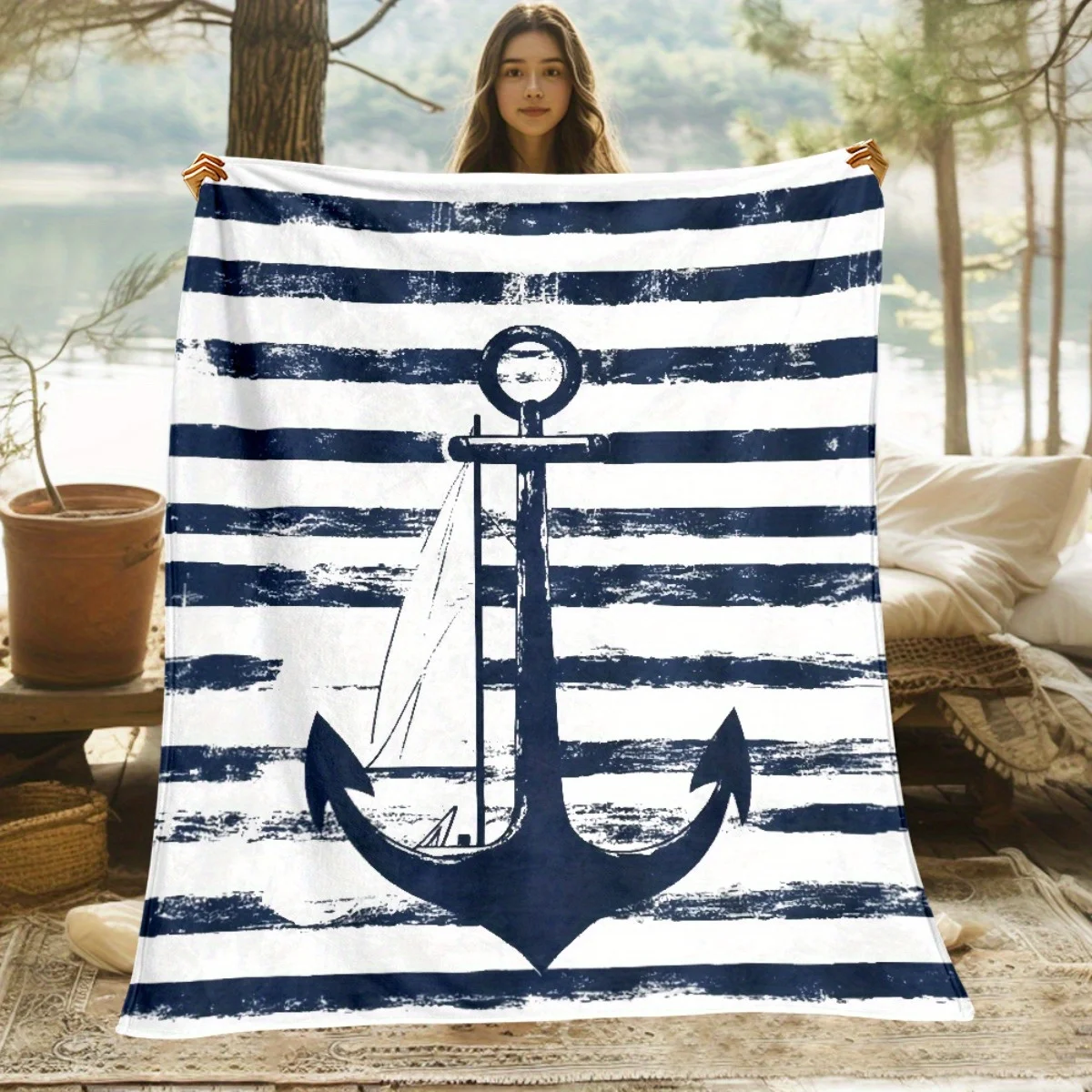 Retro Marine Anchor Striped Warm Fleece Blanket, Cozy Thick Fabric for Travel Sofa Bed Camping Household Coldproof Daily Use