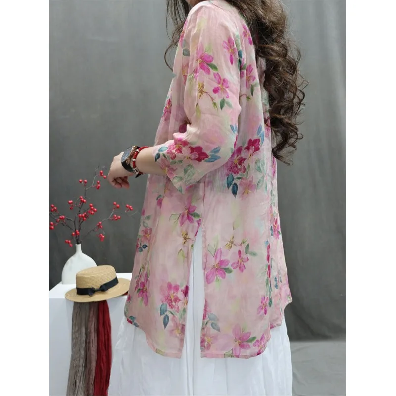 

Retro Sli Floral Print Linen Svel irt Large Size Women's Traditional Chinese Sle Button Side Slit Midi Length F...