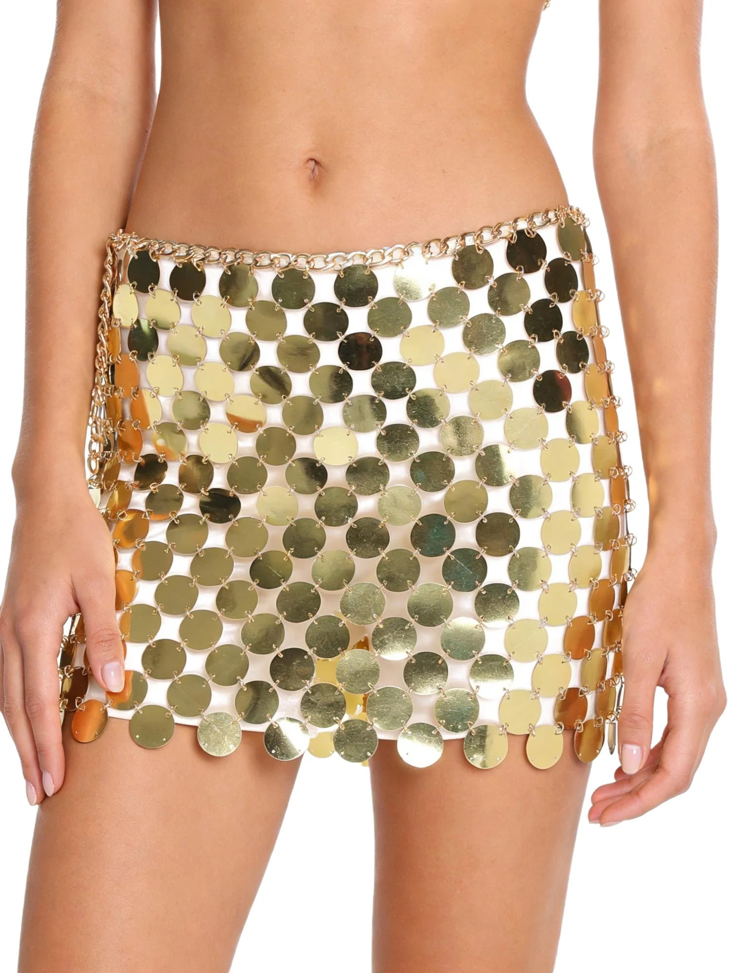Women Metallic Sequin Mini Skirt Adjustable Chain Link Skirt for Belly Dance Disco Party Clubwear Night Out