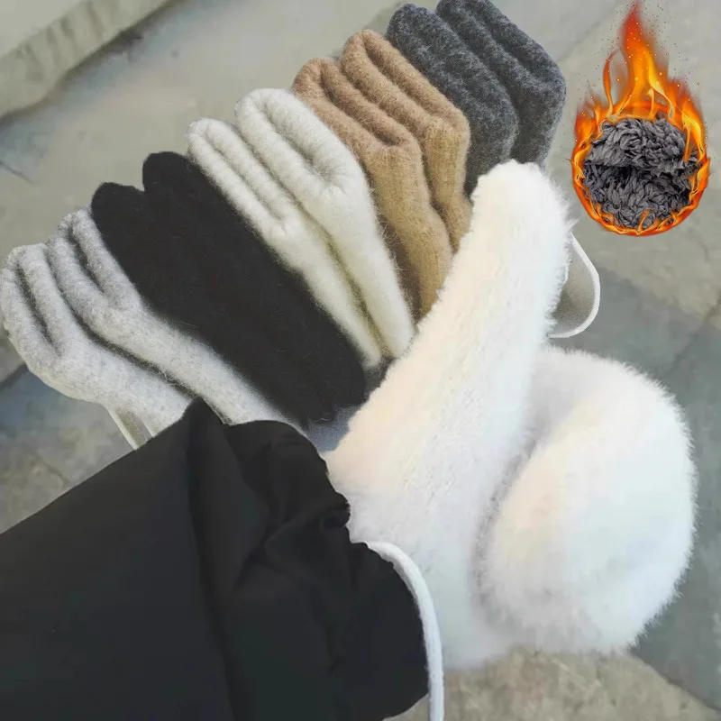 

Autumn Winter Korean Style Versatile Gloves Super Soft Retro Plush Thickened Warm Knitted Riding Windproof Trendy Furry Gloves