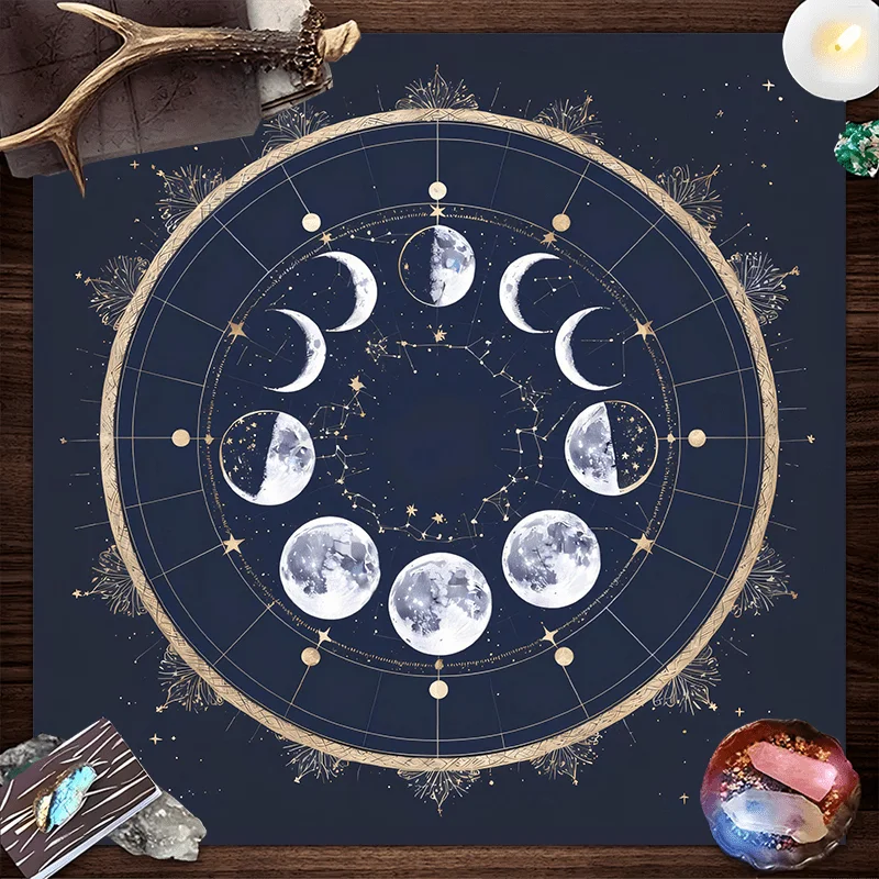

Lunar Phases Tarot Tablecloth Polyester Fabric Moon Cycle Star Print Divination Altar Cloth Witchcraft Decor Square Table Cover