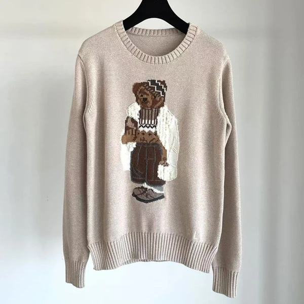 Reine Baumwolle Gestrickte Lange Sve Pullover Bär Stickerei Lose Fit runde Ne Herbst Winter Faion Retro Sle frauen Top