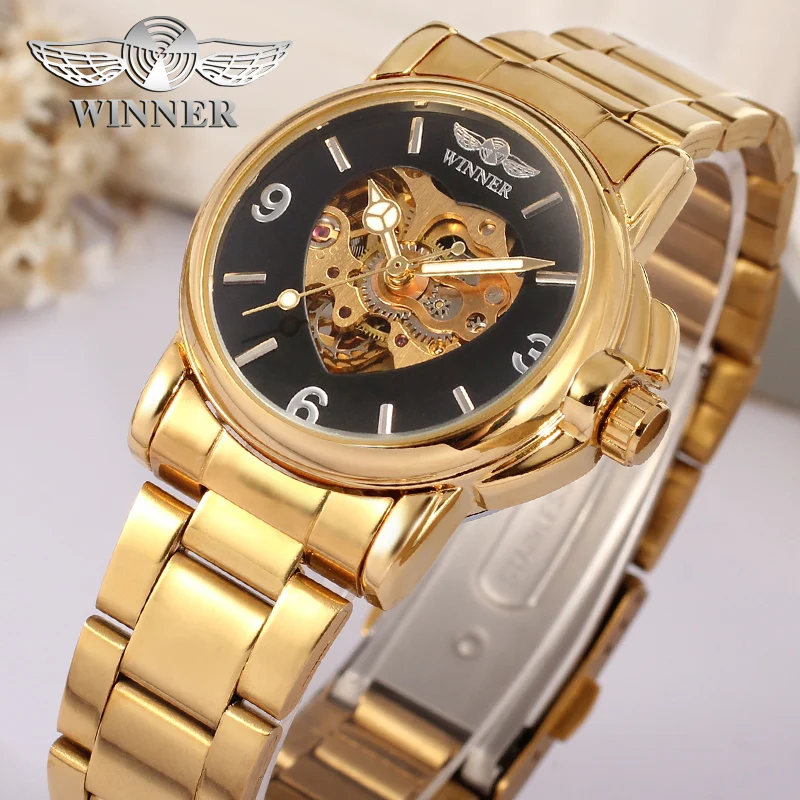 Winner Watch Women Heart Watches Full Steel Gold Skeleton Automatic Mechanical Wristwatches Ladies Reloj Mujer Relogio Feminino