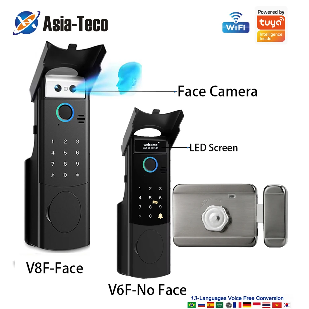 Smart WiFi Door Lock Waterproof Tuya Face Recognition Fingerprint RFID Card Password APP Control Rechargeable Li-Battery Include