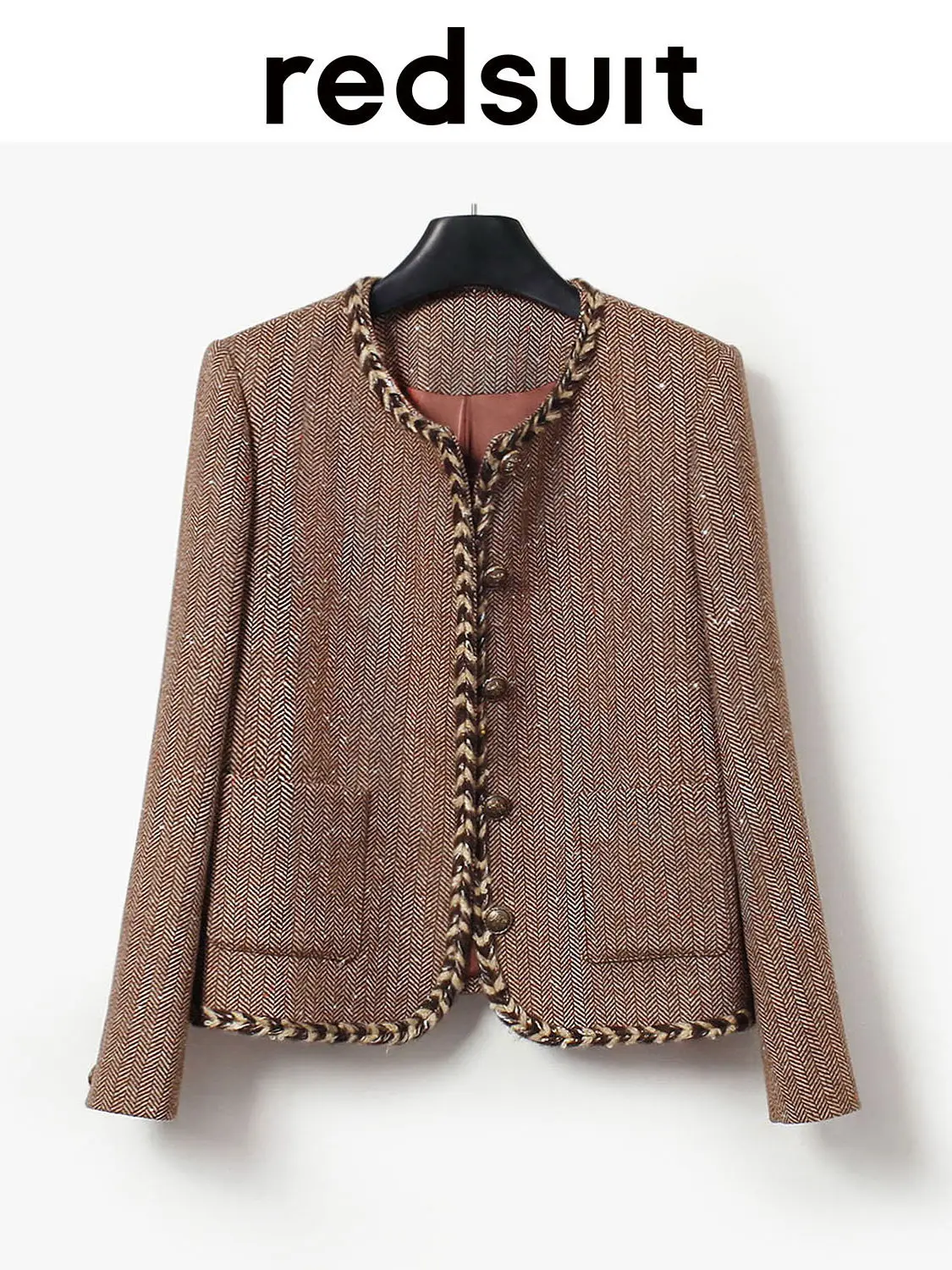 New Warm brown round neck herringbone patterned coarse floral sequin jacket top Custom size