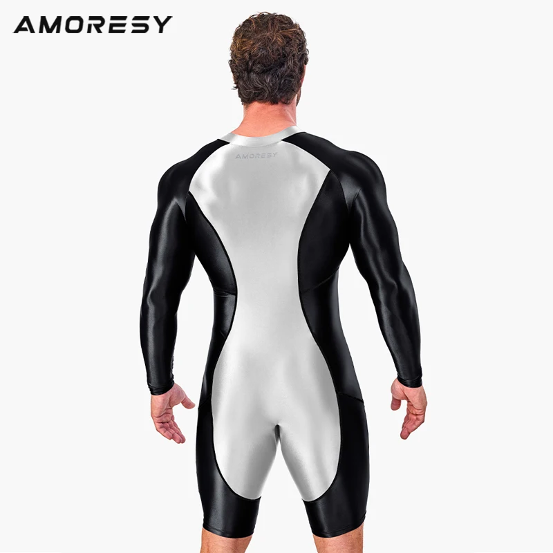 AMORESY-Combinaison brillante à fermeture éclair sur le devant pour homme, combinaison à manches longues, collants de course en spandex, fitness,