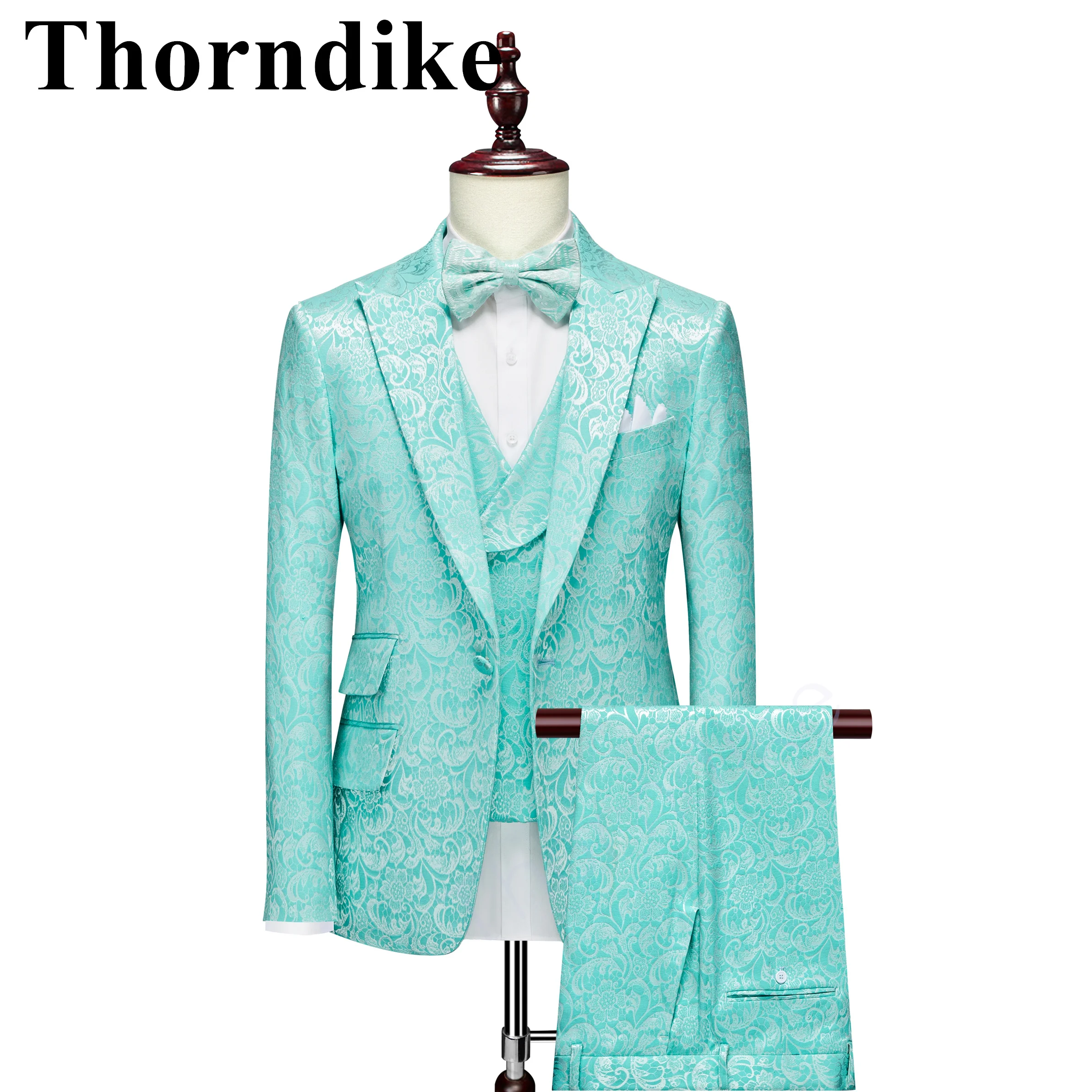 Thorndike New Men\'s Green Fashion Jacquard Special Fabric Suit Custom Groom Suit Wedding Tuxedo Elegant 3 Piece Set