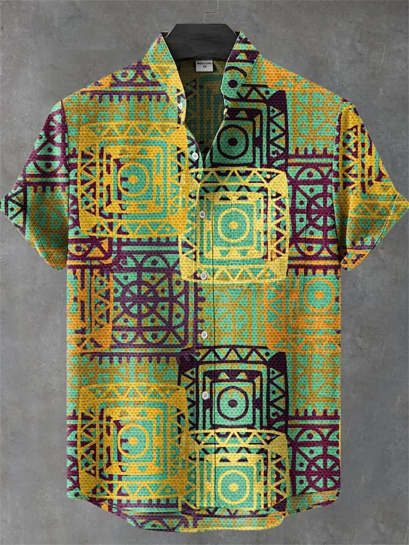 

Мужская рубашка в сетку с натуральным 3D принтом в этническом стиле, мужская льняная рубашка с короткими рукавами и пуговицами, повседневный деловой топ на открытом воздухе