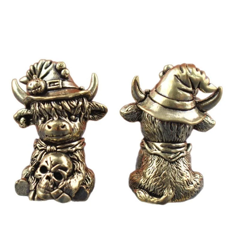 Retro Brass Highland Cow Skull Statue, Metal Small Desktop Ornament, Gothic Home Decor, Halloween Party Tabletop Decoration Gift