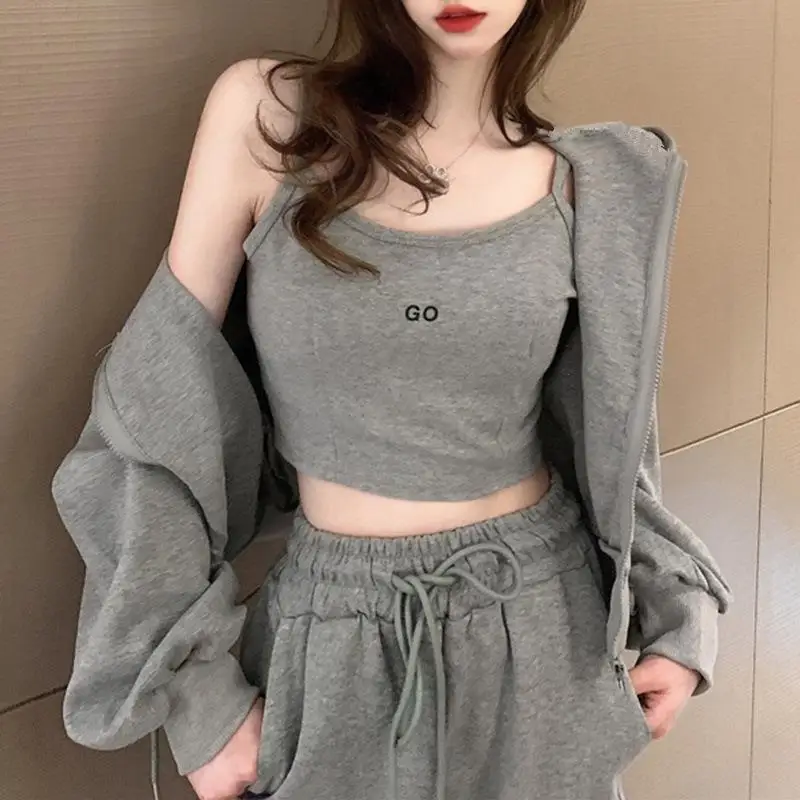 Fashionable Hong Kong Style Casual Sportswear Set Women's Short Strapless Hoodie Pants Three-Piece Set Long Sleeve T-Shirt