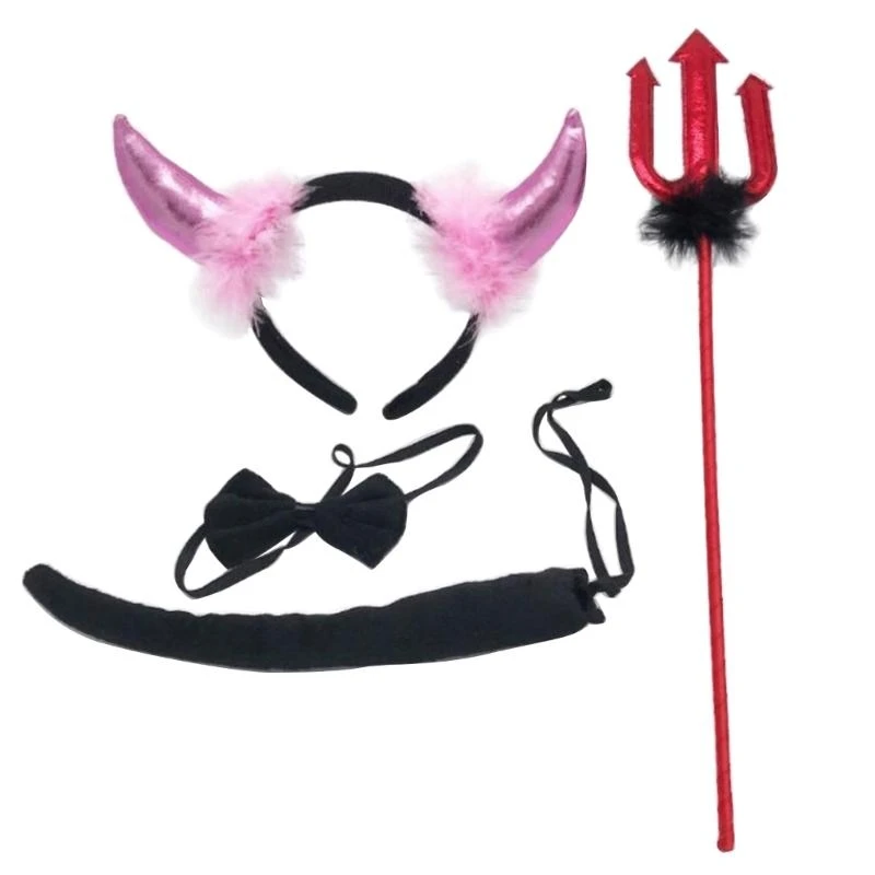 Y5GC 4PCS Trang phục quỷ Phụ kiện Bowtie Devils Horn Headband Red Pitchforks đuôi
