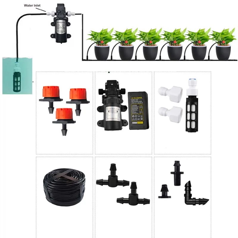 

60W Self-Priming Pump Garden Watering Irrigation System 10-30M Kits Power Supply Drip Spray Nozzles for Balcony Yard Greenhouse