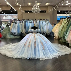 Princess Light Blue Off The Shoulder Lace Applique Quinceanera Dresses 2024 Princess Sweet 15 Years Girl Birthday Customized